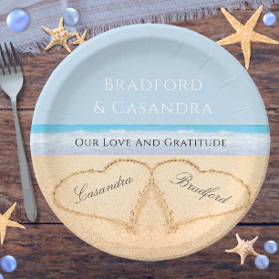 Dusty Blue Beach Wedding 2 Hearts in the Sand Paper Plate