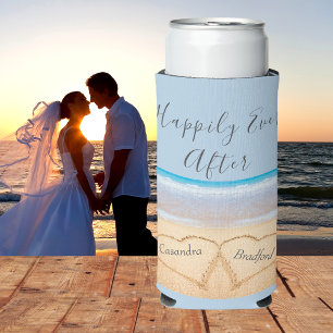 Dusty Blue Beach Wedding 2 Hearts  Seltzer Can Cooler