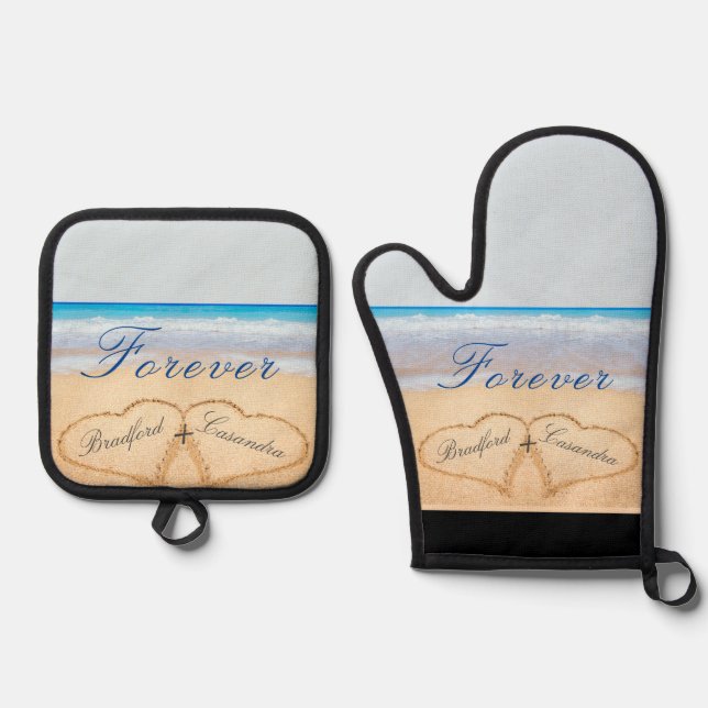 Dusty Blue Beach Wedding /Anniversary Hearts Sand Oven Mitt & Pot Holder Set (Front)