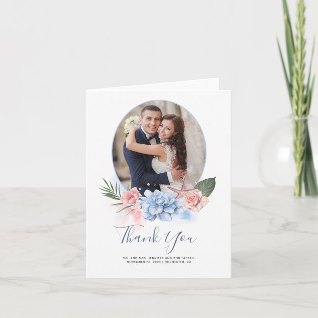 Dusty Blue Beach Wedding Thank You Photo Card (Front)
