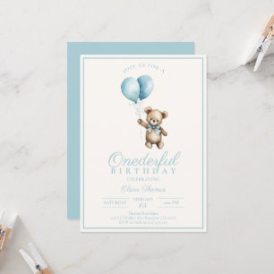 Dusty Blue Bear Boy First Birthday Invitation