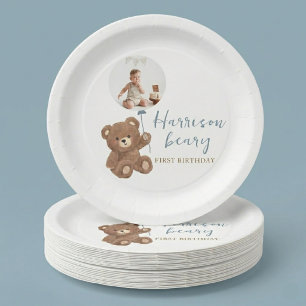Dusty Blue Bear First Birthday Photo - Boy Bear Paper Plate