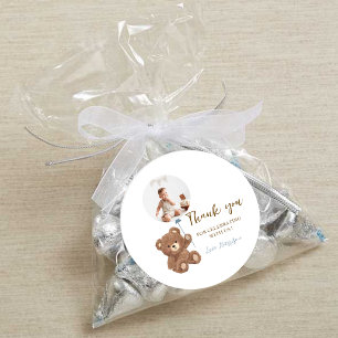 Dusty Blue Bear First Birthday Photo - Boy Classic Round Sticker