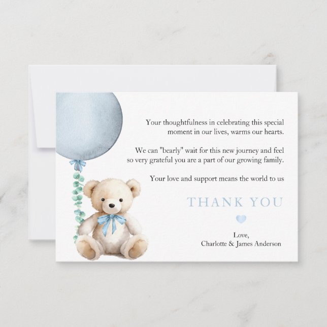Dusty Blue Bearly Wait Baby Shower Thank You Card (Front)
