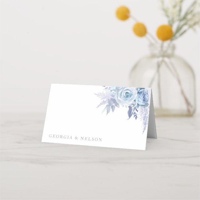 Dusty Blue Beautiful Floral Wedding  Place Card (Front)