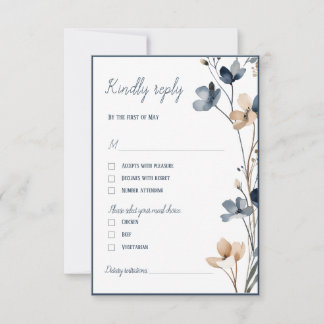 Dusty Blue Beige Botanical Modern Elegant Wedding RSVP Card