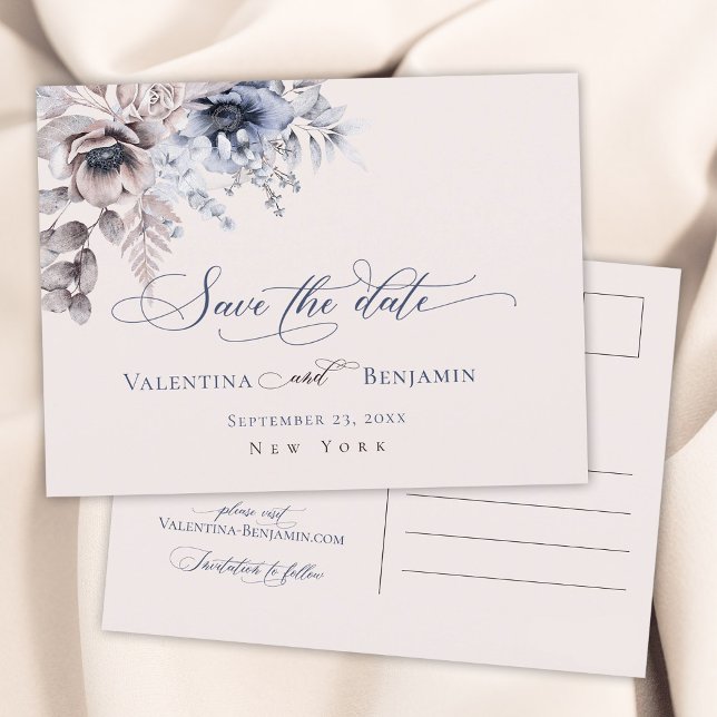 Dusty blue beige floral elegant Save the Date Postcard (Creator Uploaded)