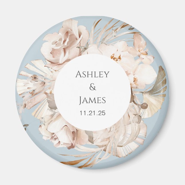 Dusty Blue-beige floral garden wedding magnet (Front)
