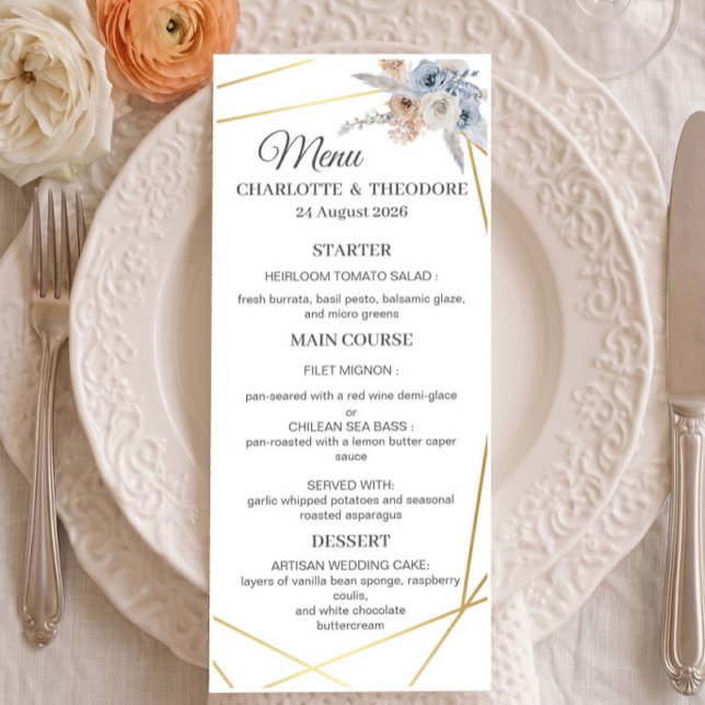 Dusty Blue Beige Floral Gold Geometric Dinner Menu (Creator Uploaded)
