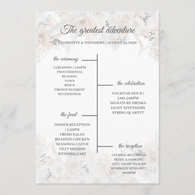 Dusty Blue Beige Floral Gold Wedding Program Card (Front)