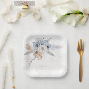 Dusty Blue Beige Floral Pampas Boho Wedding Paper  Plate