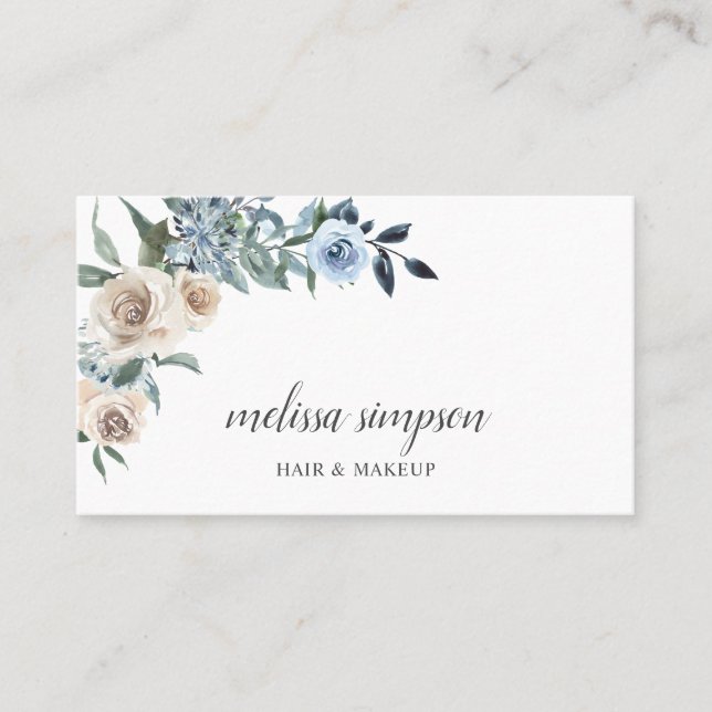 Dusty Blue Beige Flowers  Business Card (Front)
