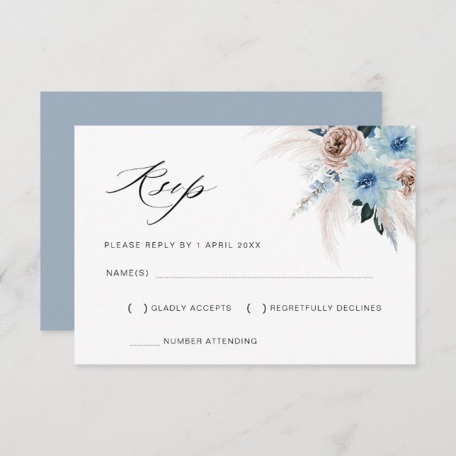dusty blue beige pampas floral RSVP card (Front/Back)