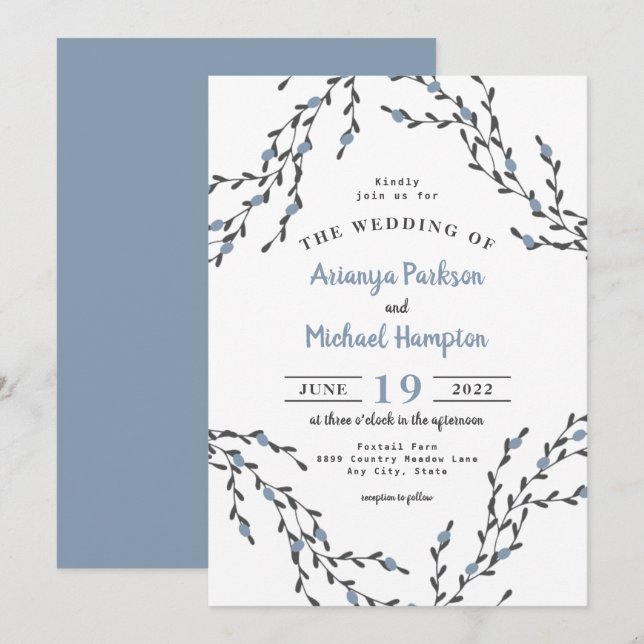 Dusty Blue Berry Wreath Wedding Invitation (Front/Back)