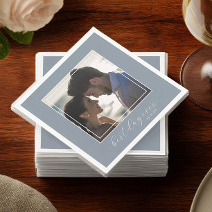 Dusty Blue Best Day Ever Photo Wedding Cocktail Napkin