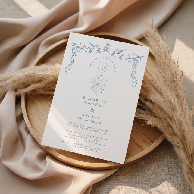 Dusty Blue Bird Baroque Wedding Invitation (Creator Uploaded)
