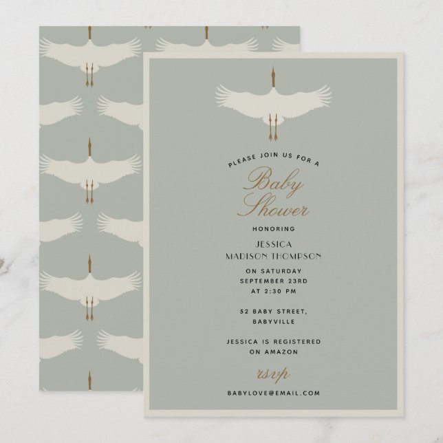 Dusty Blue Birds Swans Art Deco Baby Shower Invitation (Front/Back)