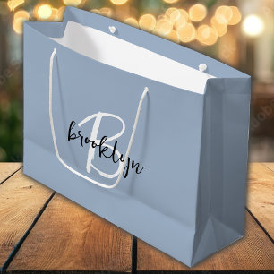 Dusty Blue Black and White Monogram Large Gift Bag