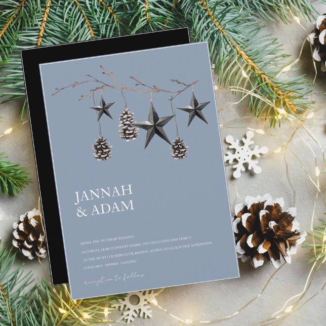 Dusty Blue Black Christmas Stars Pinecones Wedding Invitation (Creator Uploaded)