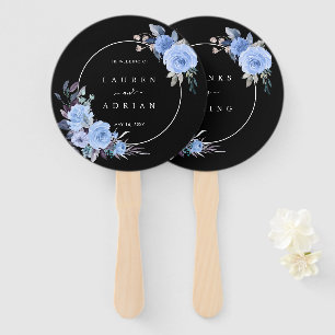 Dusty Blue & Black Floral Wedding Thank You Hand Fan