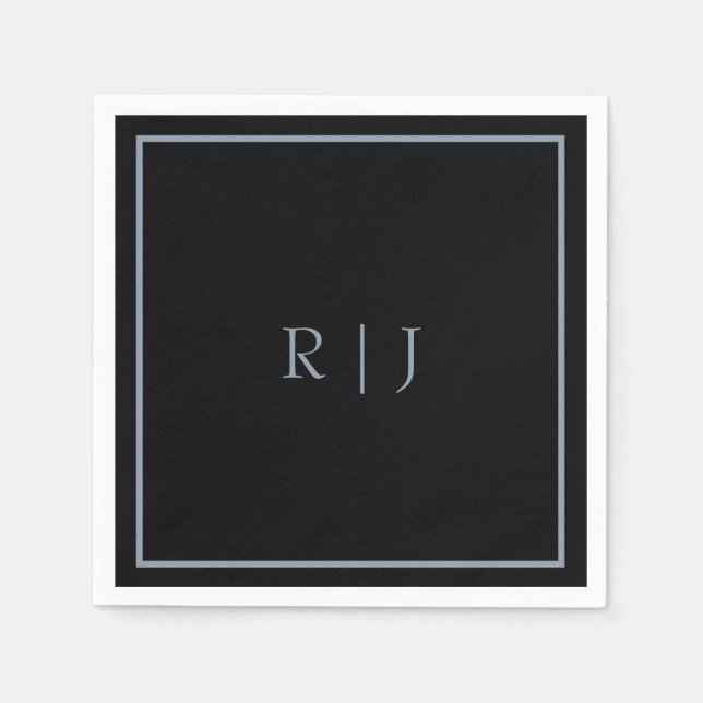 Dusty Blue Black Monogram Initials Wedding Trendy Napkin (Front)