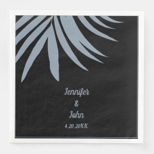 Dusty Blue Black Palm Leaf Beach Tropical Wedding Napkin