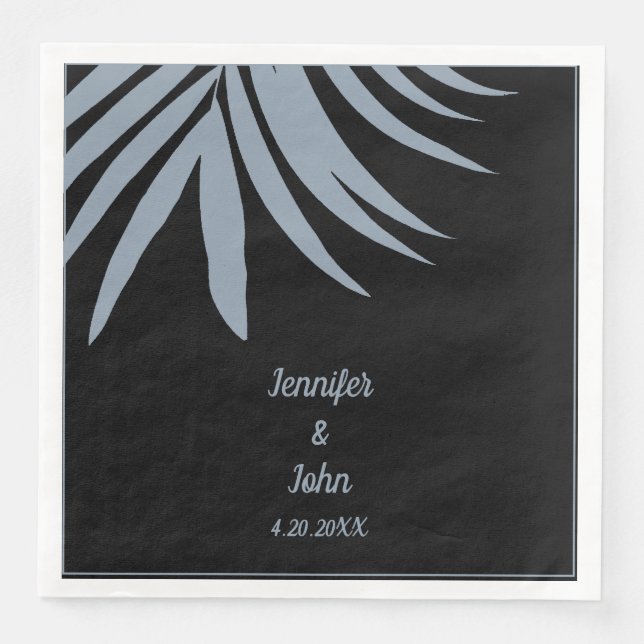 Dusty Blue Black Palm Leaf Beach Tropical Wedding Napkin (Front)