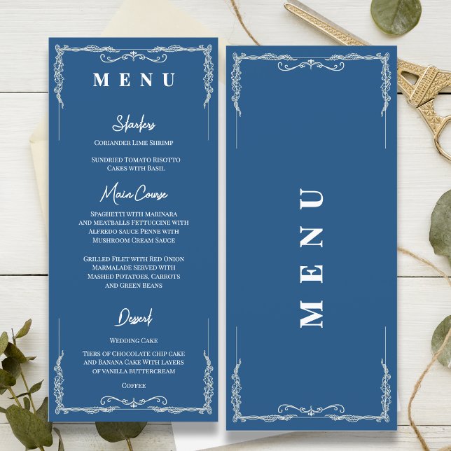 Dusty Blue Black Tie Wedding Reception Dinner Menu (Dusty Blue Wedding Menu Card Elegant Black Tie Wedding Menu Formal Reception Menu)