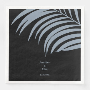 Dusty Blue Black Tropical Palm Leaves Wedding Napkin