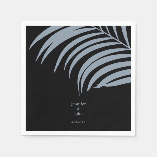 Dusty Blue Black Tropical Palm Leaves Wedding Napkin (Front)