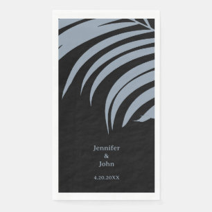 Dusty Blue Black Tropical Palm Leaves Wedding Napkin