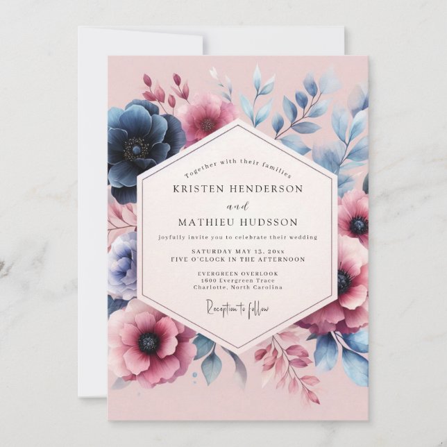 Dusty Blue Bloom Romance Wedding Invitation (Front)
