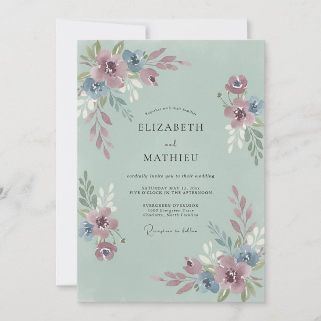 Dusty Blue Bloom Romance Wedding Invitation (Front)