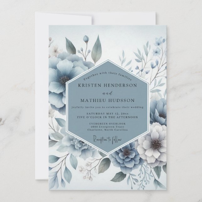 Dusty Blue Bloom Wedding Invitation (Front)