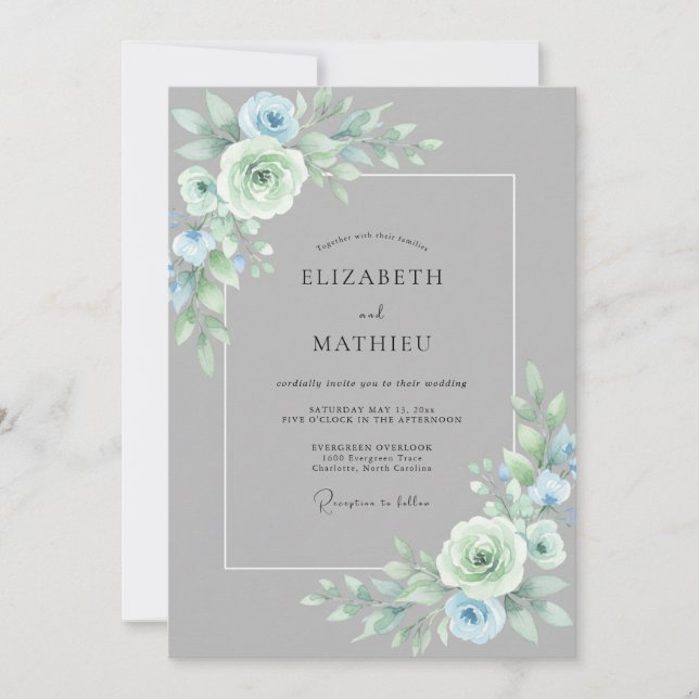 Dusty Blue Blooming Floral Wedding Invitation (Front)