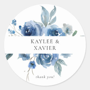 Dusty Blue & Blue Floral Thank You Classic Round Sticker