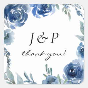 Dusty Blue & Blue Floral Thank You Monogram 2 - Square Sticker