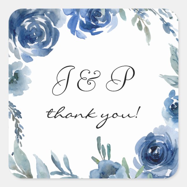 Dusty Blue & Blue Floral Thank You Monogram 3 Square Sticker (Front)