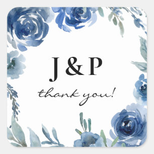 Dusty Blue & Blue Floral Thank You Monogram -  Square Sticker