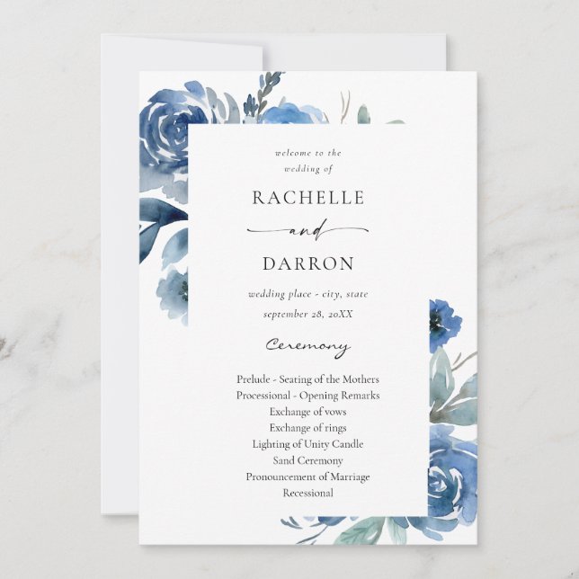 Dusty Blue & Blue Floral Wedding Ceremony Program Invitation (Front)