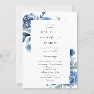 Dusty Blue & Blue Floral Wedding Ceremony Program Invitation
