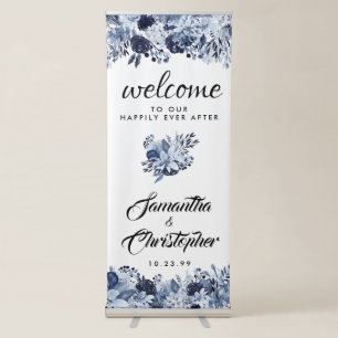 Dusty Blue Blue Floral Wedding Welcome Retractable Banner