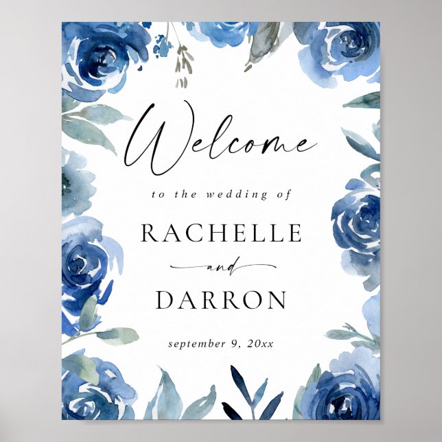 Dusty Blue & Blue Floral Welcome Sign (Front)