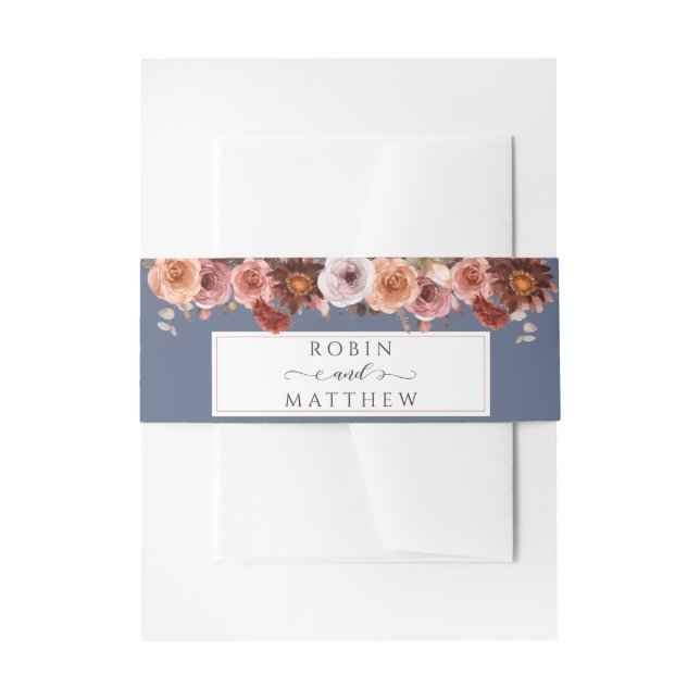 Dusty Blue, Blush and Burgundy Floral Wedding Invitation Belly Band (Front Example)