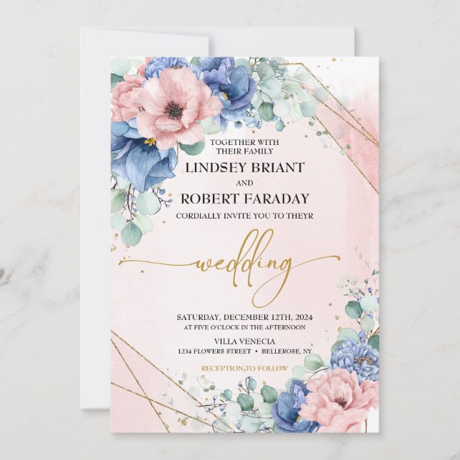 Dusty Blue Blush and Gold Wedding Invitation (Front)