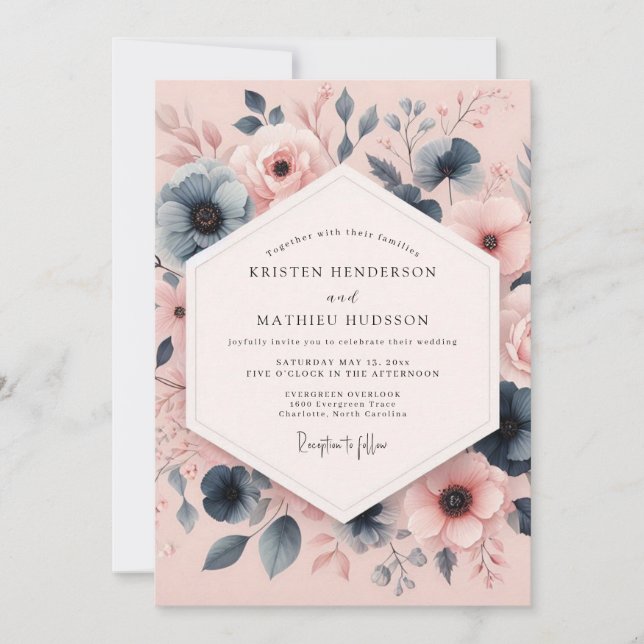 Dusty Blue Blush Anemone Wedding Invitation (Front)
