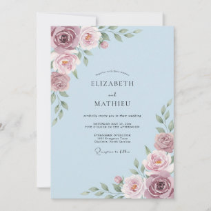 Dusty Blue Blush Blossom Wedding Invitation