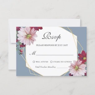 Dusty Blue Blush Burgundy Floral Gold Wedding RSVP Card