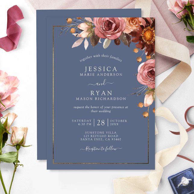 Dusty Blue, Blush Burgundy Floral Wedding Invitation (Creator Uploaded)