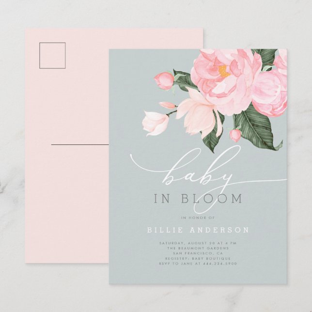 Dusty Blue Blush Floral Baby in Bloom Shower Invitation Postcard (Front/Back)